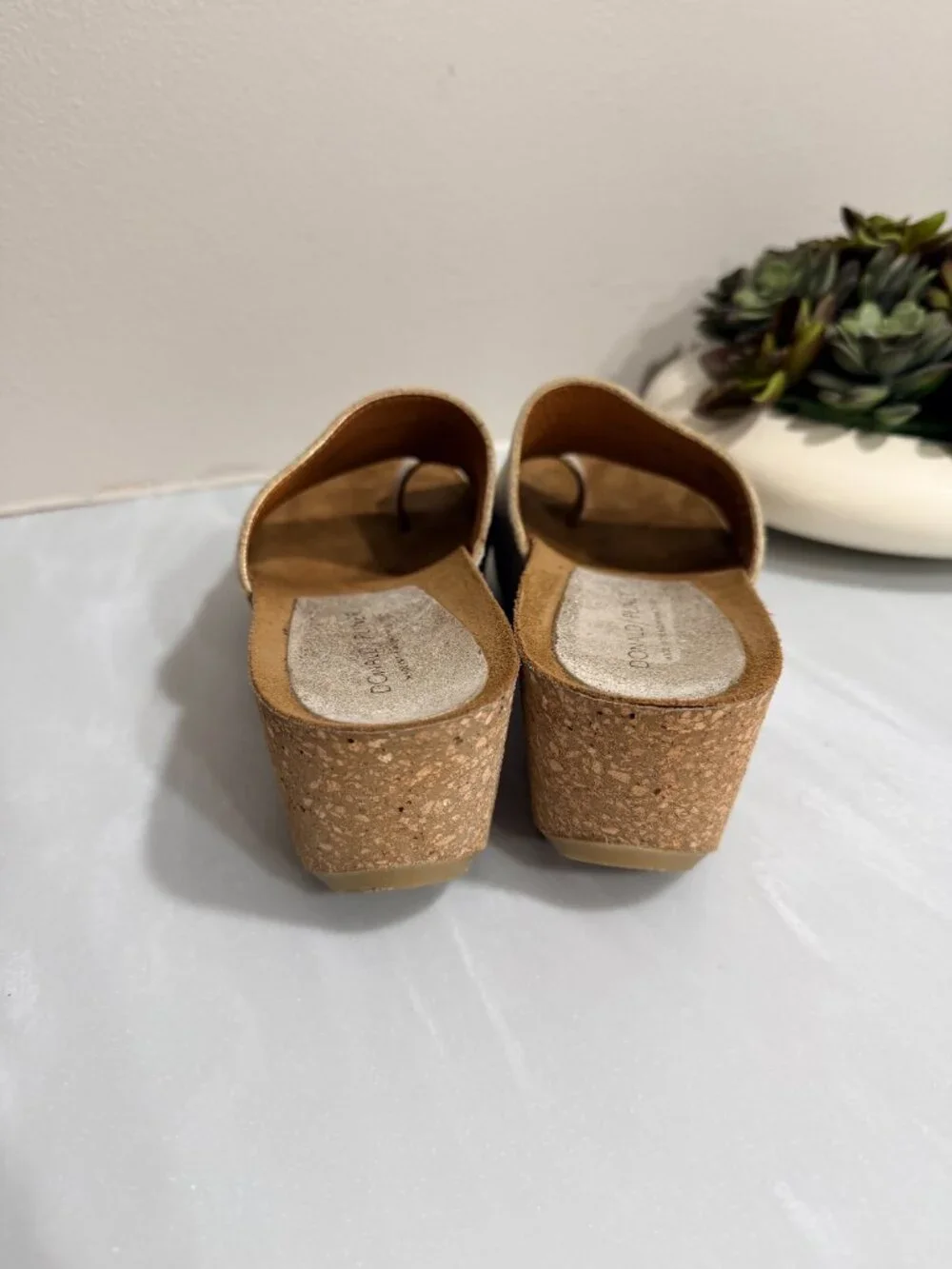 Metallic Wedge Slip on Sandal w/ asymmetrical toe loop stacked wedge heel 7.5